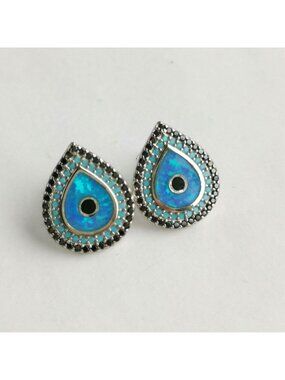 Peacock Sterling silver Blue Fire Opal, Turquoise, Spinel Stud Earrings NEW